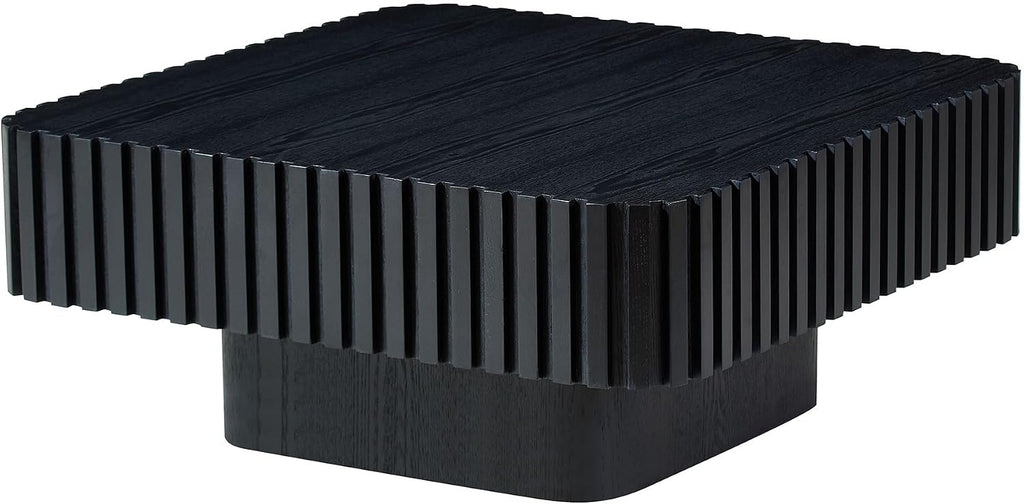 31.49'' Square Coffee Table for Living Room, Modern Wood Drum Pedestal Flute Embossment Coffee Table, Easy Assembly, Black