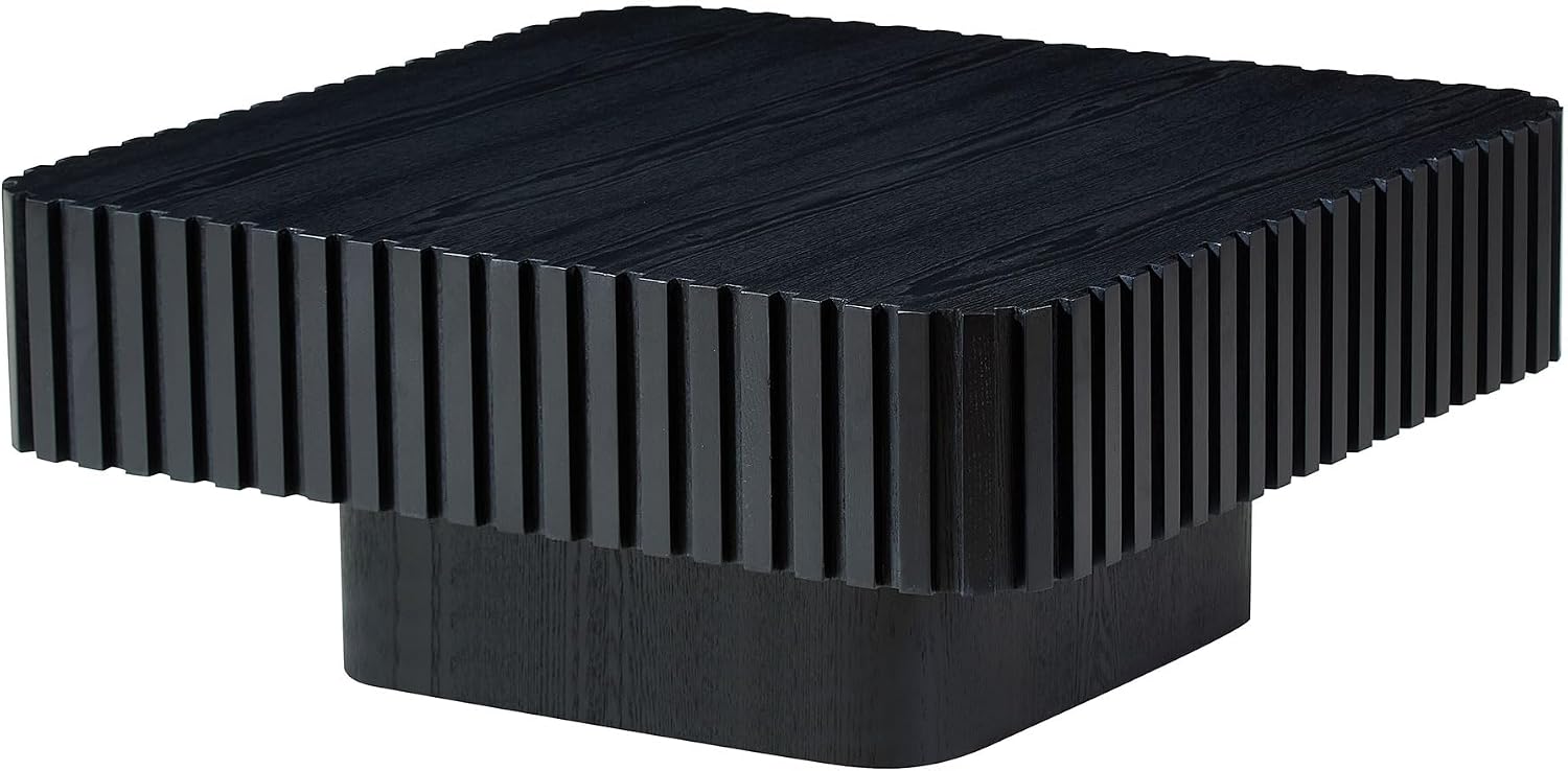 31.49'' Square Coffee Table for Living Room, Modern Wood Drum Pedestal Flute Embossment Coffee Table, Easy Assembly, Black