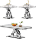 3 Pieces Coffee Table Set, Faux Marble Living Room Table Set of 3, Modern Coffee Table and 2 End Tables with X-Shaped Stainless Steel Base for Living Room (White Silver)