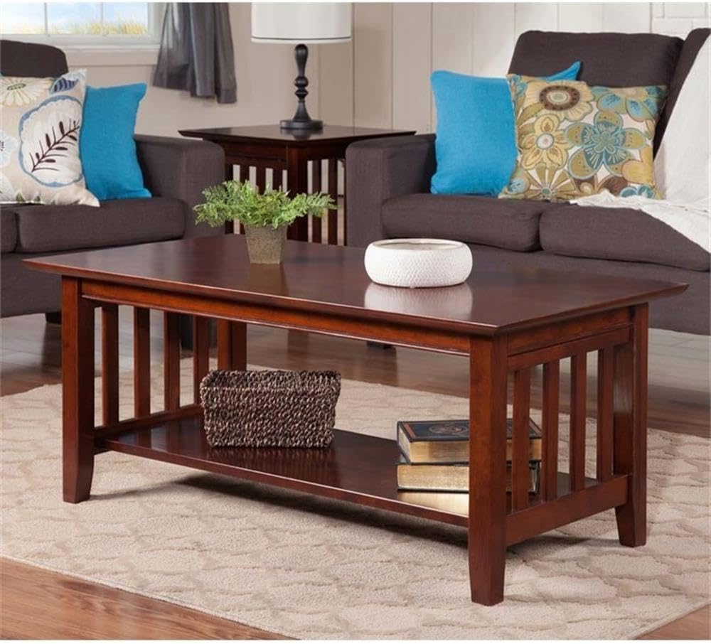 Pemberly Row Transitional Solid Wood Coffee Table, Walnut Finish, 44 in x 22 in x 18 in, Mission Style, Eco-Friendly Hardwood, Sturdy Leg Assembly, Durable Living Room Table