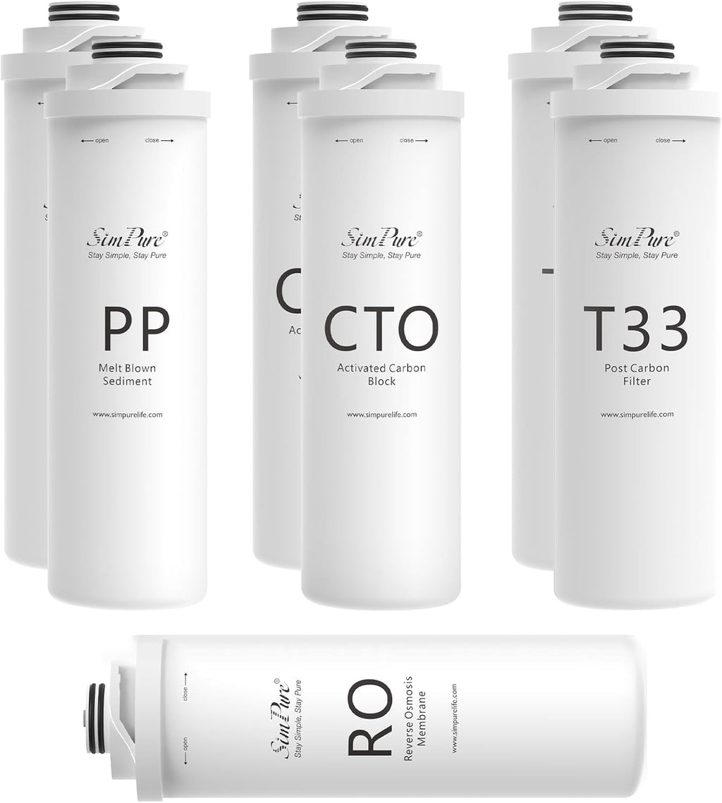 SimPure T1 Series 1-Year Replacement Filter Cartridge Pack Set for Model T1-400 Tankless Reverse Osmosis Water Filter System (2*PP + 2*CTO + 1*RO + 2*T33)