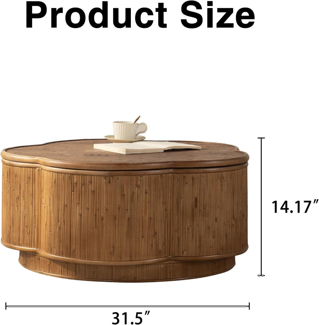 31.5'' Round Coffee Table with Lift-Off Lid Storage, Wood Circle Flower-Shaped Rattan Coffee Table for Living Room, Modern Boho Countryside Farmhouse Style, No Assembly, Natural