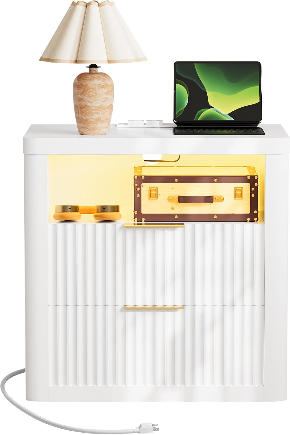 YESHOMY Fluted Nightstand with Charging Station,24' Night Stand with 2 Drawers and Storage Shelf,RGB LED Lighting,Arc Edge Fluted Bedside Table for Bedroom,White