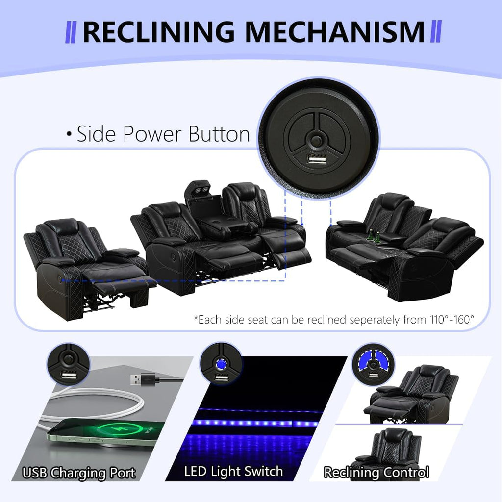 Black Leather Power Recliner Set with LED Lights, 3-Piece Recliner Sofa Loveseat Chair with Coffee Table/Storage/Charging Port, Modern Reclining Furniture for Living Room/Home Theater/Office