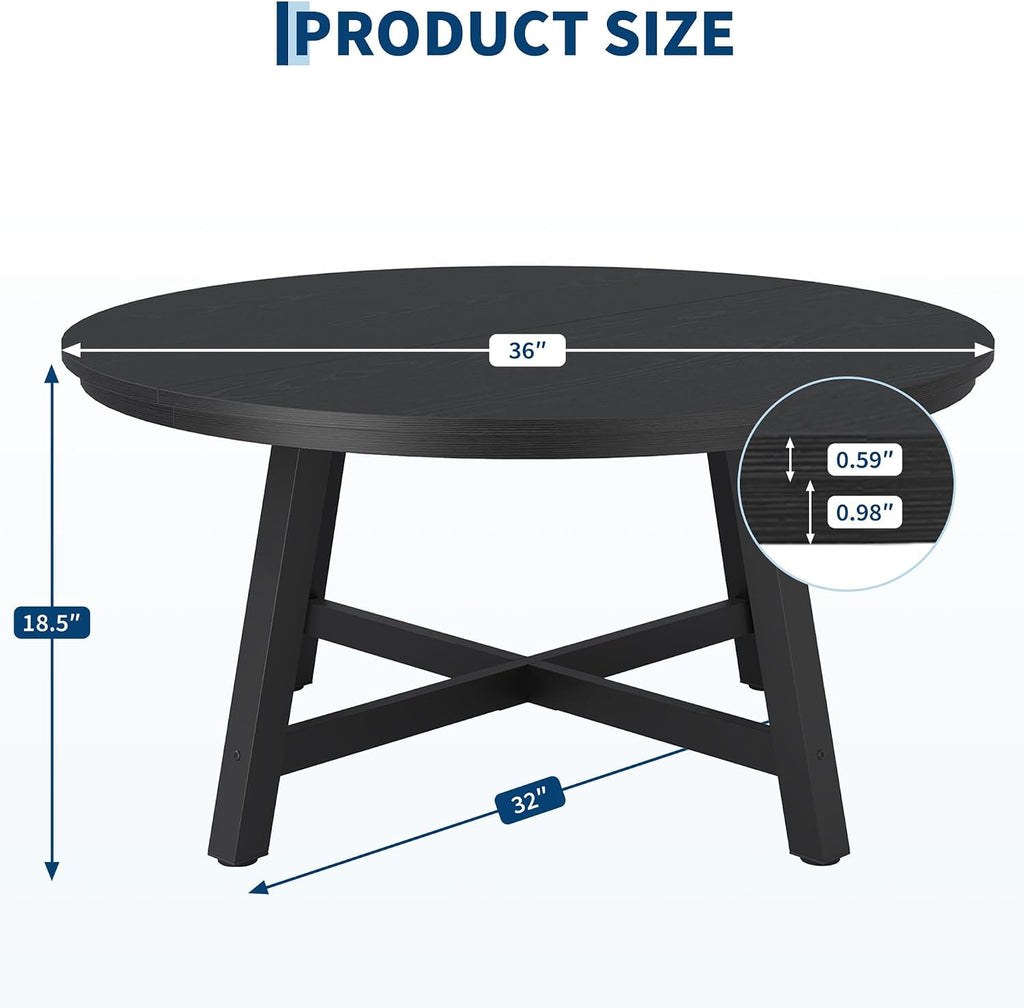 36' Round Coffee Table for Living Room, Large Circle Center Table with Wood Grain Top, Thick Metal Legs & Adjustable Feet, Modern Round Coffee Tables for Apartments Homes Easy Assembly, Black
