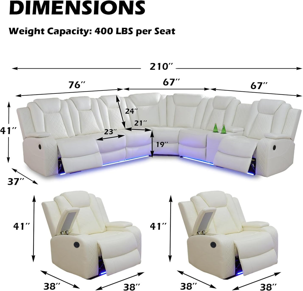 Leather Power Recliner Sectional Sofa Set with LED Light,L Shaped Leather Couch Set with Chair*2,Modular Corner Sofa with USB Ports for Living Room Furniture(White, Sectional+Chair*2)