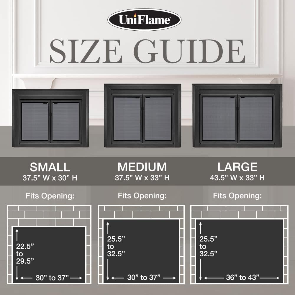 UniFlame - Logan - Cabinet-Style Fireplace Doors with Smoke Tempered Glass (Color: Black, Size: Medium - Fits Opening 30in to 37in W x 25.5in to 32.5in H)