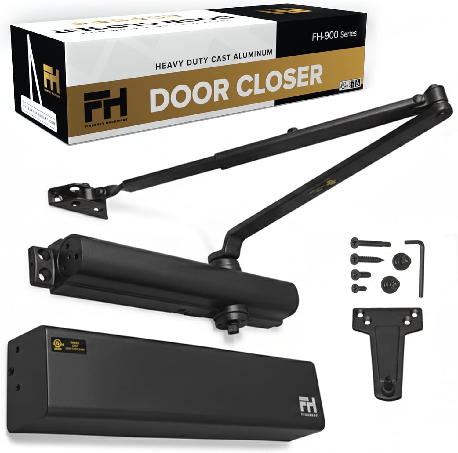 Finsbury Commercial Black Door Closer Automatic Heavy Duty High Traffic Adjustable ANSI/BHMA Grade 1 Standard, UL Listed ADA Compliant Hydraulic Backcheck Delayed Action Latch Speed 1-6 Power (Black)