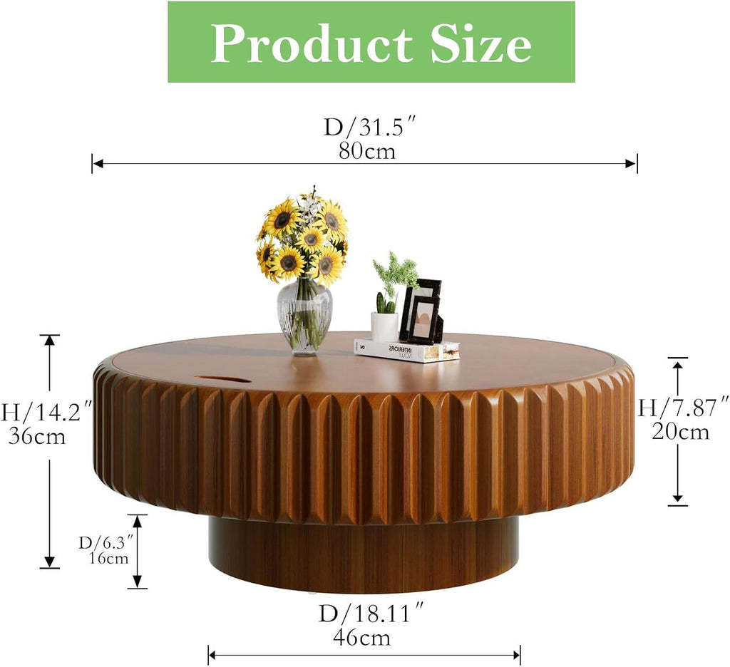 31.5' Round Drum Coffee Table with Storage Rustic Chic Fluted Center Table - Handcraft Solid Wood Veneer Edge for Living Room Farmhouse (A 31.5in)