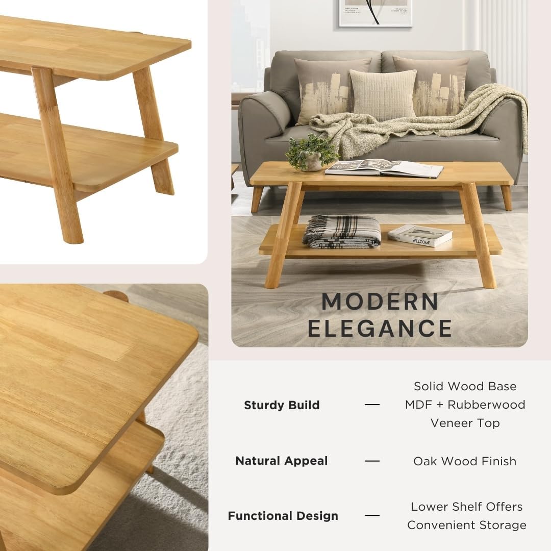 Roundhill Furniture Metz 3-Piece Coffee Table Set, Coffee Table and Two End Tables, Natural Oak Finish
