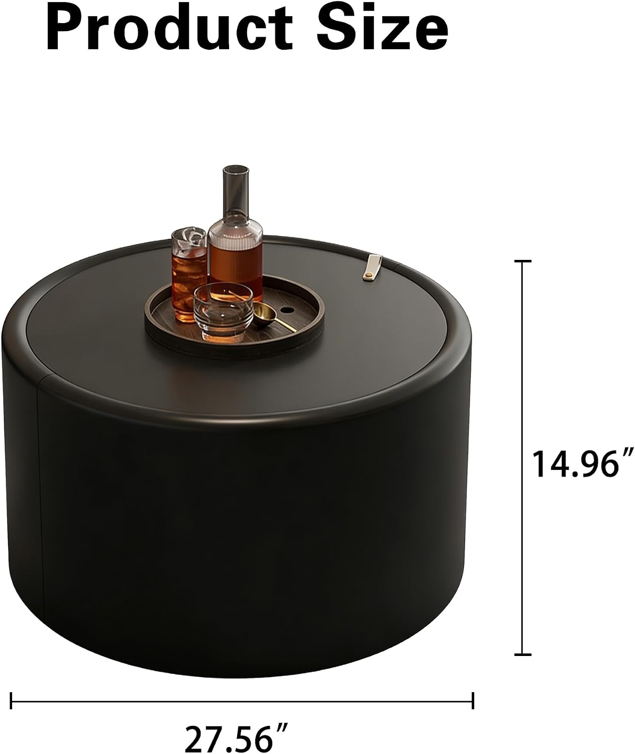 Black Round Coffee Table with Tempered Glass Top, PU Leather Accent Table with Hidden Storage, No Assembly Required Modern Coffee Tables for Living Room