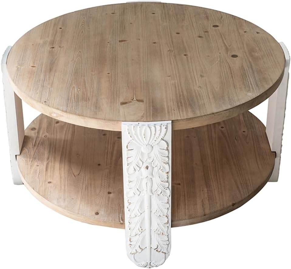 31.5'' Round Wood Coffee Table 2-Tier Circle Craft Rustic Coffee Table for Living Room, Modern Retro Farmhouse Style, Carved Leg & Easy Assembly, Brown & White