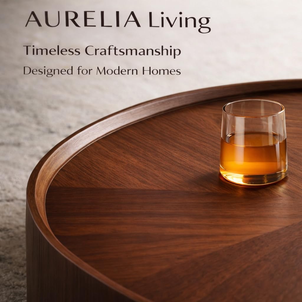 35.4' Round Drum Coffee Table with 2 Drawers, Modern Walnut Wood Storage Coffee Table, Low Profile Circle Cocktail Center Table for Living Room, No Assembly Required