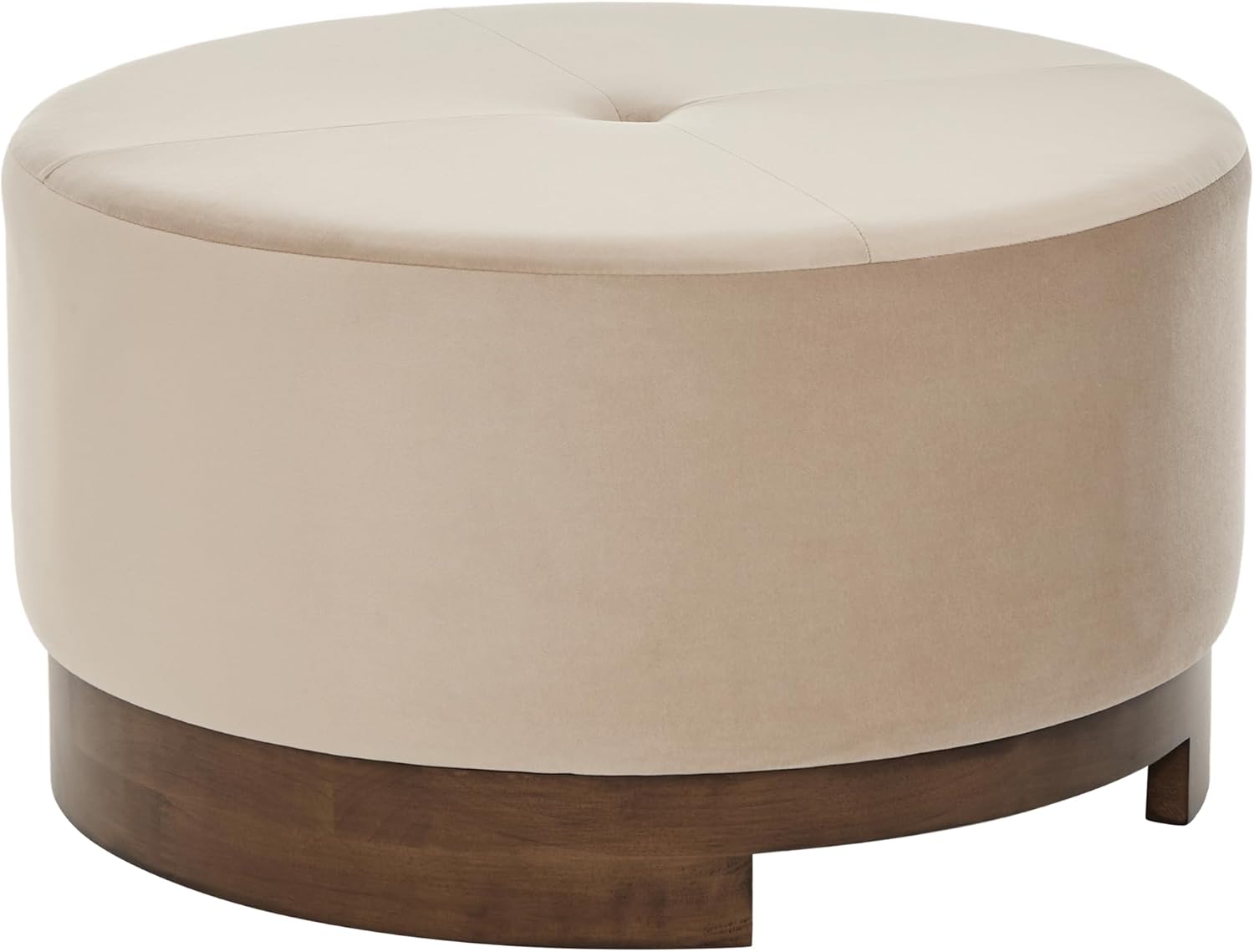 Christopher Knight Home Monroe Velvet Upholstery Round Ottoman, Living Room Sofa Ottoman with Wood Frame, Accent Small Foot Stool, Round Coffee Table, No Assembly Needed, Camel + Dark Walnut
