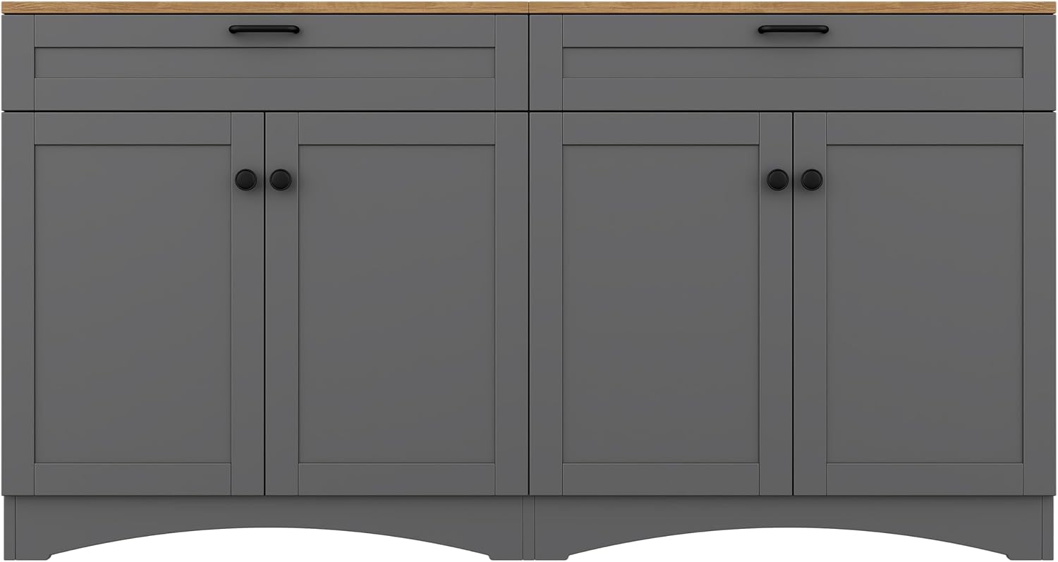 Ball & Cast Farmhouse TV Stand with 2 Drawers for TVs up to 70',Wood Grain Sideboard Buffet Cabinet w/Rustic Handles and Adjustable Shelf,Entertainment Center for Living Room,Bedroom,Grey