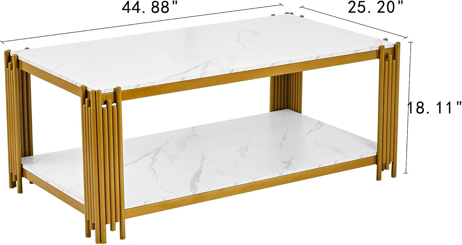 45'' Modern 2-Tiers Coffee Table with Golden Iron Frame, White Faux Marble Top, Rectangle Cocktail Center Table for Living Room Office, White and Gold Coffee Side Table for Apartment