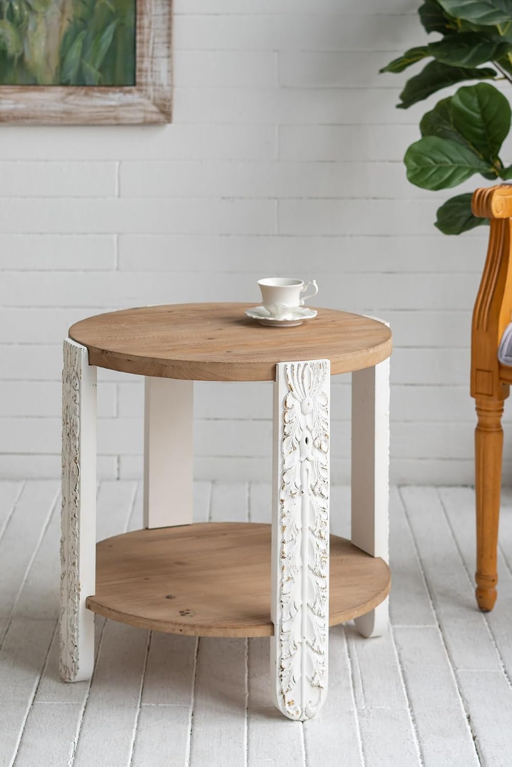 20'' Wood Side Table End Table 2-Tier for Living Room, Modern Contemporary Farmhouse Style for Bedroom, Carved Leg & Easy Assembly, Brown & White
