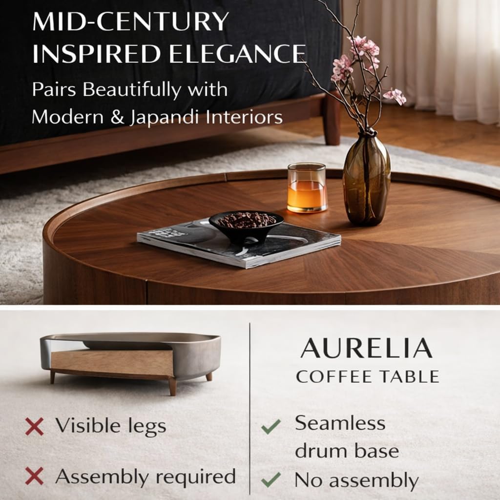 35.4' Round Drum Coffee Table with 2 Drawers, Modern Walnut Wood Storage Coffee Table, Low Profile Circle Cocktail Center Table for Living Room, No Assembly Required
