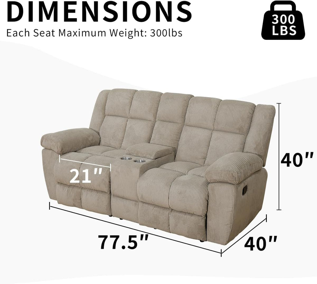 Maunal Recliner Sofa Set, Corduroy Fabric Reclining Living Room Set, Reclining Sofa Recliner Loveseat with Console & Cup Houlders, Recliner Couches for Living Room (Beige, Recliner Loveseat)