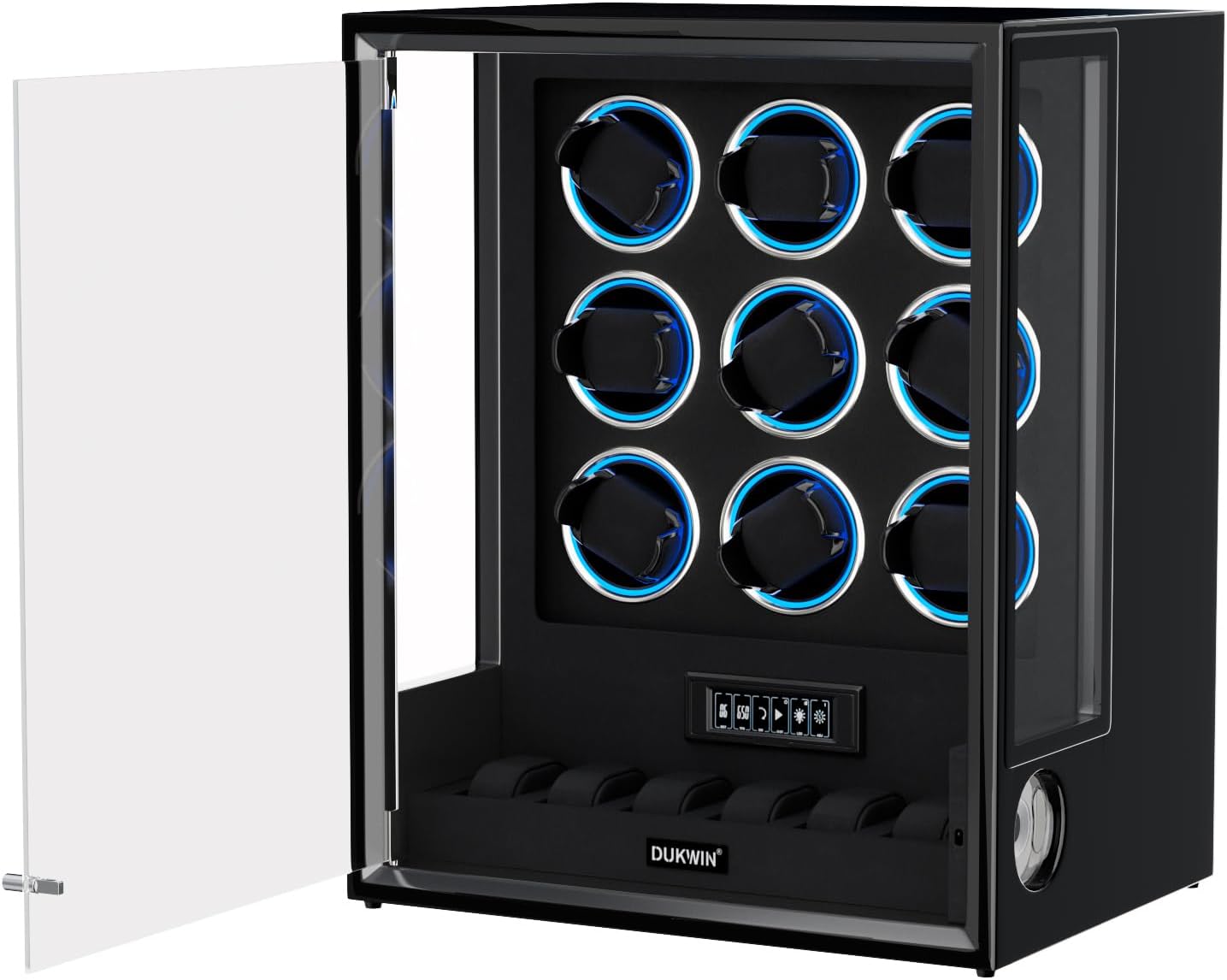 DUKWIN Fingerprint Lock Watch Winder, 8 TPD Watches Winder for 6/9 Automatic Watches with 6 Watch Holders, LCD Display, Adjustable Pillow and Changing LED Light for Gentles and Ladies