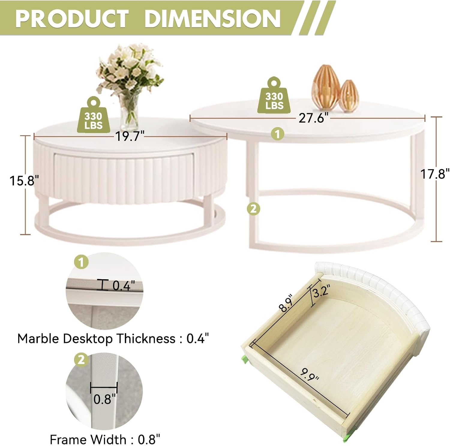 Round Nesting Coffee Table Set of 2 White Marble Coffee Table with Wood Storage Drawer Modern Circle Coffee Tables for Living Room Center Table Mid Century Coffee Table