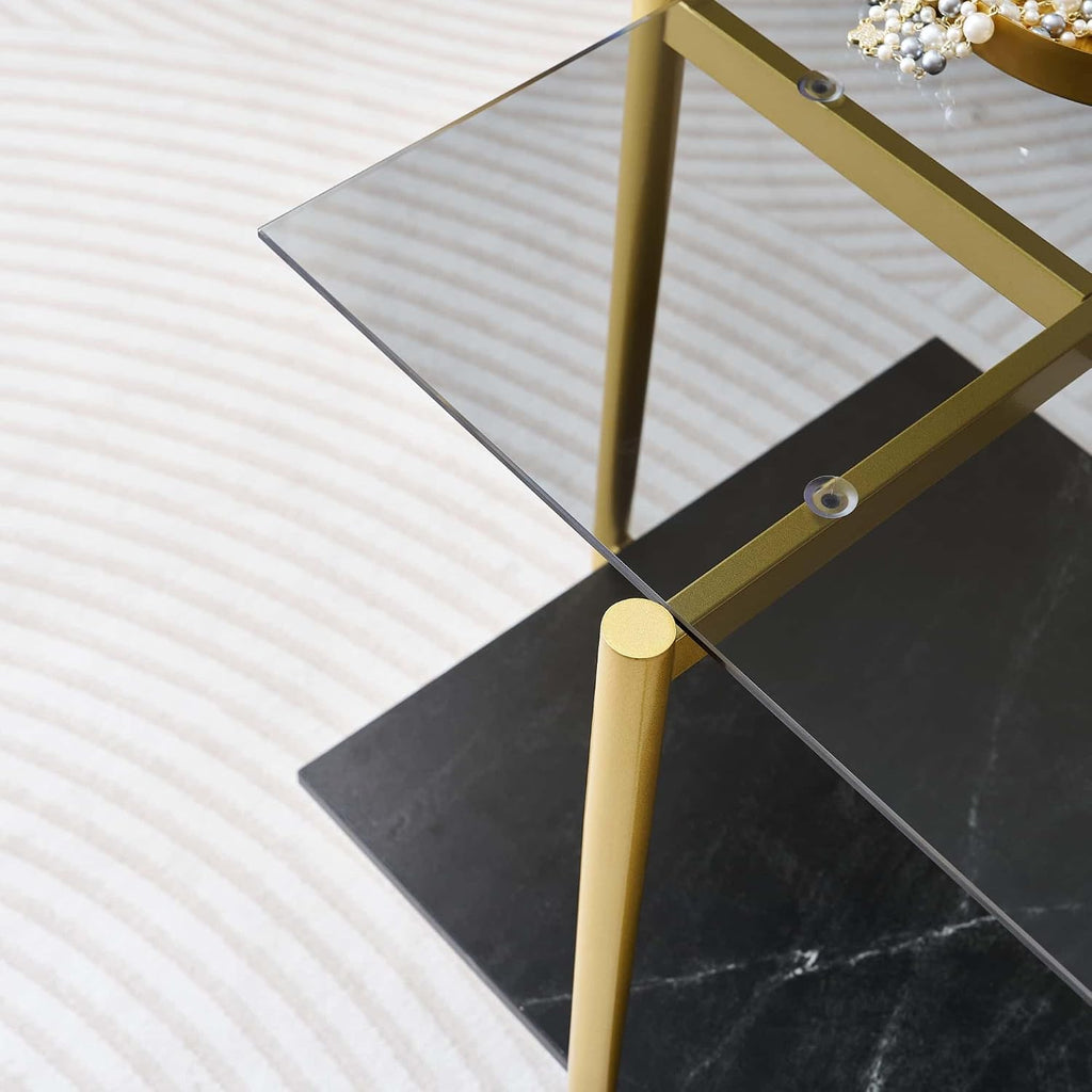 LumFurn Glass End Table, Mid-Century Modern Design Sofa Table, for Living Room, L18 x W18 x H23 in, Clear Glass Top and Walnut MDF Shelf, Sleek Conical Metal Legs with Gold Finish Frame
