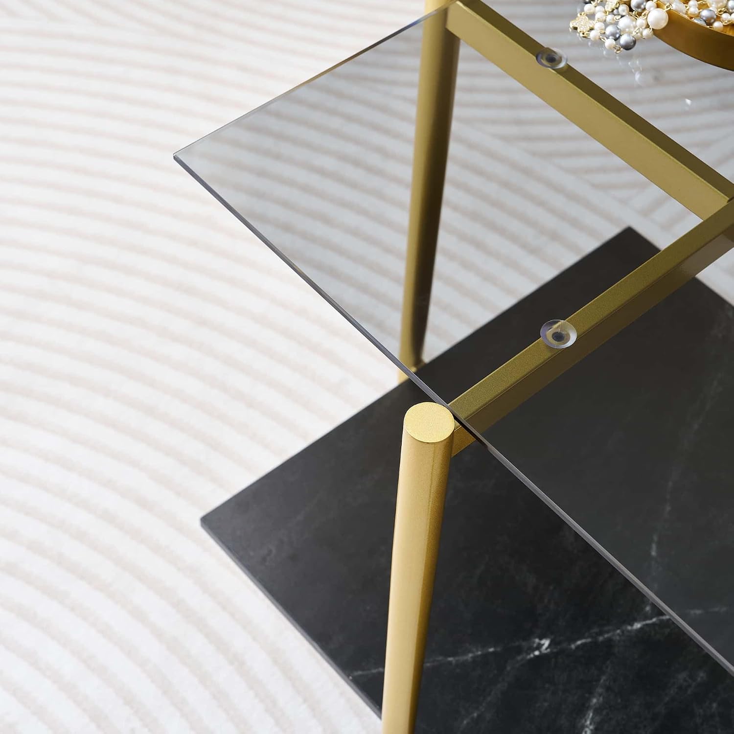 LumFurn Glass End Table, Mid-Century Modern Design Sofa Table, for Living Room, L18 x W18 x H23 in, Clear Glass Top and Walnut MDF Shelf, Sleek Conical Metal Legs with Gold Finish Frame