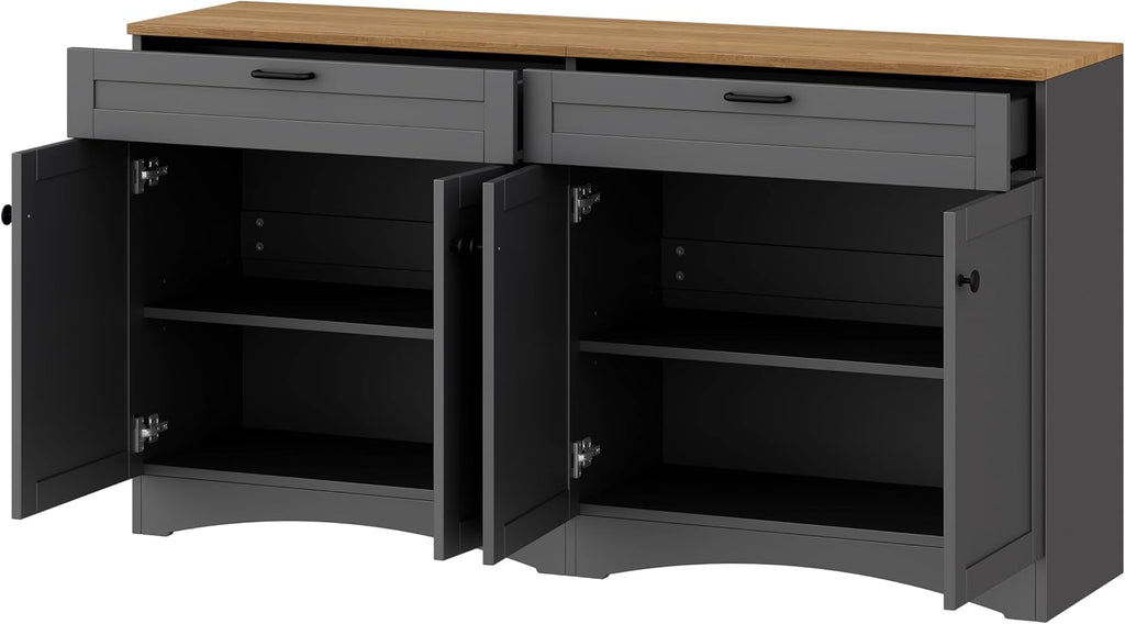 Ball & Cast Farmhouse TV Stand with 2 Drawers for TVs up to 70',Wood Grain Sideboard Buffet Cabinet w/Rustic Handles and Adjustable Shelf,Entertainment Center for Living Room,Bedroom,Grey