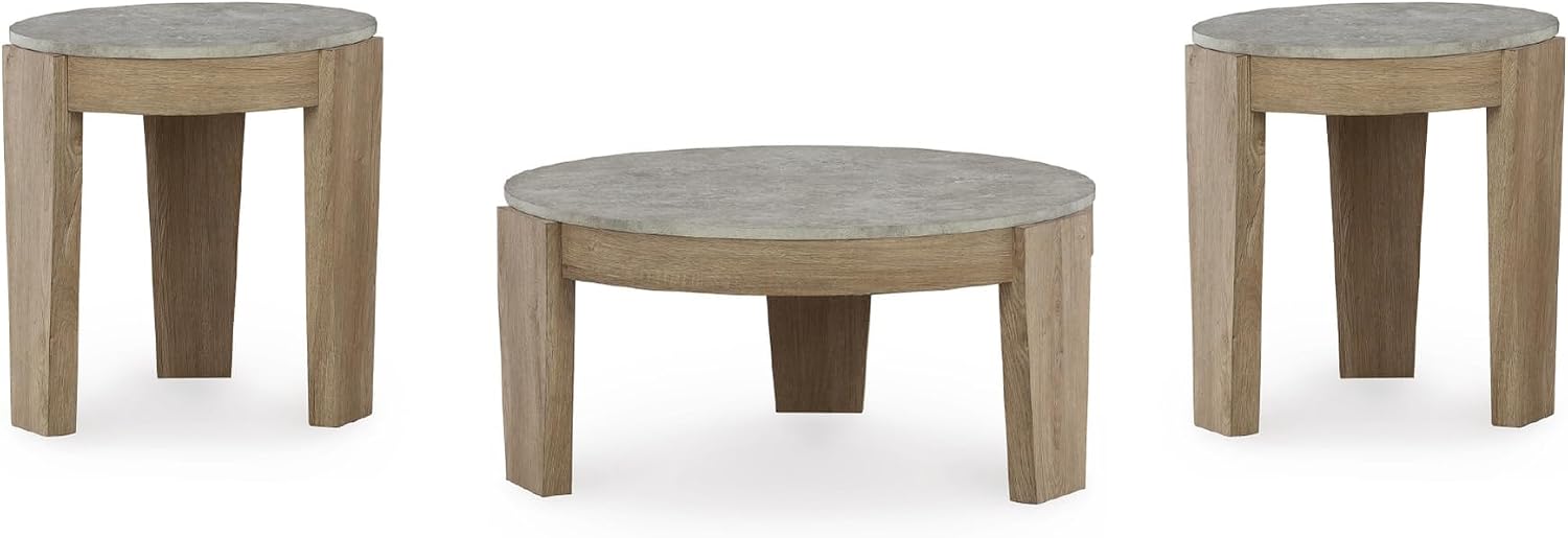 Signature Design by Ashley Guystone Casual Table Set with Faux Cement Melamine Tabletop, Set of 3, Light Brown & Light Gray