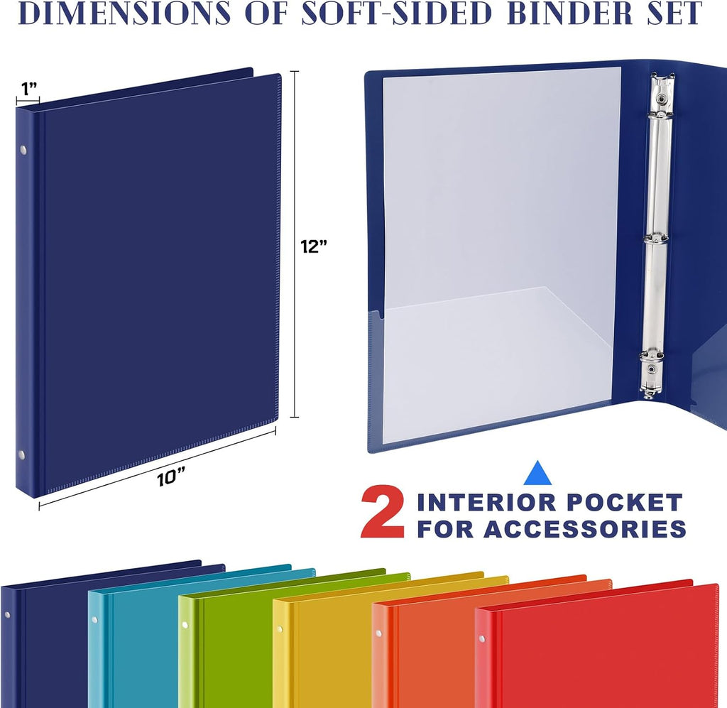 Fulmoon 48 Pack 3 Ring Plastic Binders 1 Inch Bulk with 2 Pockets, Flexible Binder Loose Leaf Hardcover, Fit 12' x 10' US Letter Size Paper, for School Office Home, 6 Colors(Vibrant)