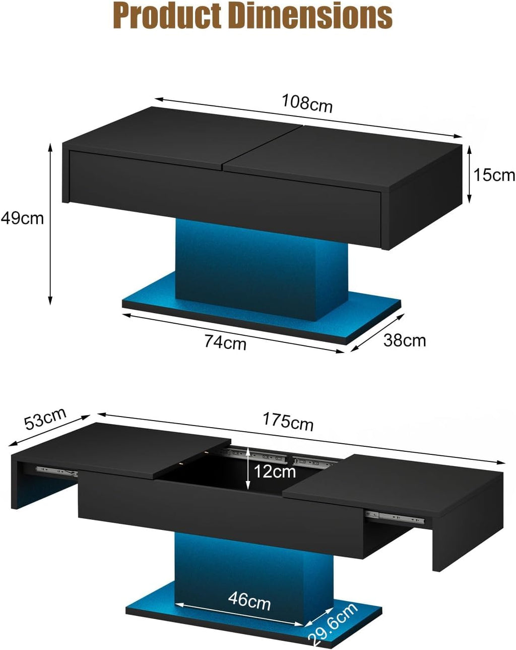 HedoAjim Black LED Coffee Table with Storage for Living Room, Living Room Table Rectangular Center Table, Modern High Glossy Wooden Coffee Tables for Dining Reception Room
