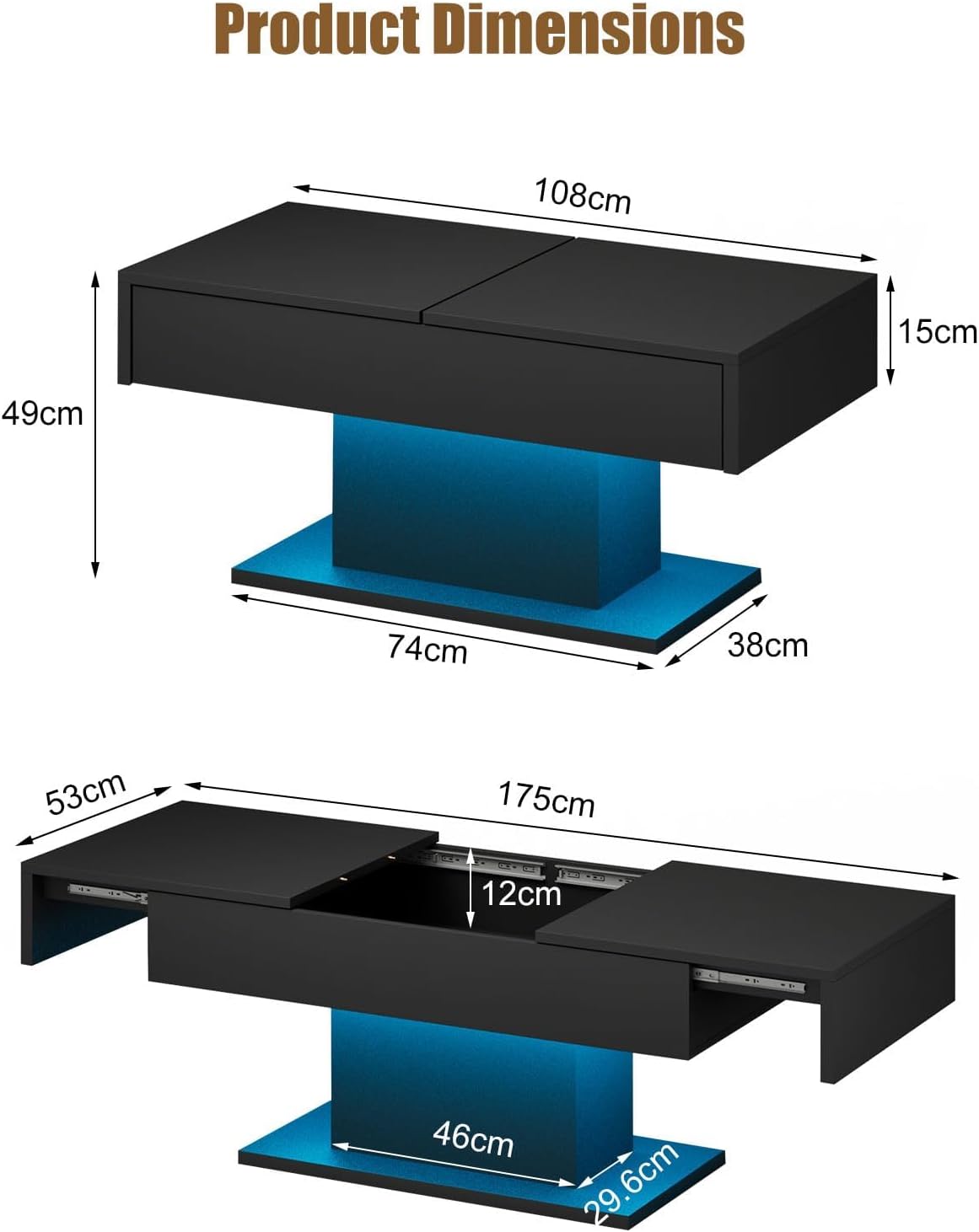 HedoAjim Black LED Coffee Table with Storage for Living Room, Living Room Table Rectangular Center Table, Modern High Glossy Wooden Coffee Tables for Dining Reception Room