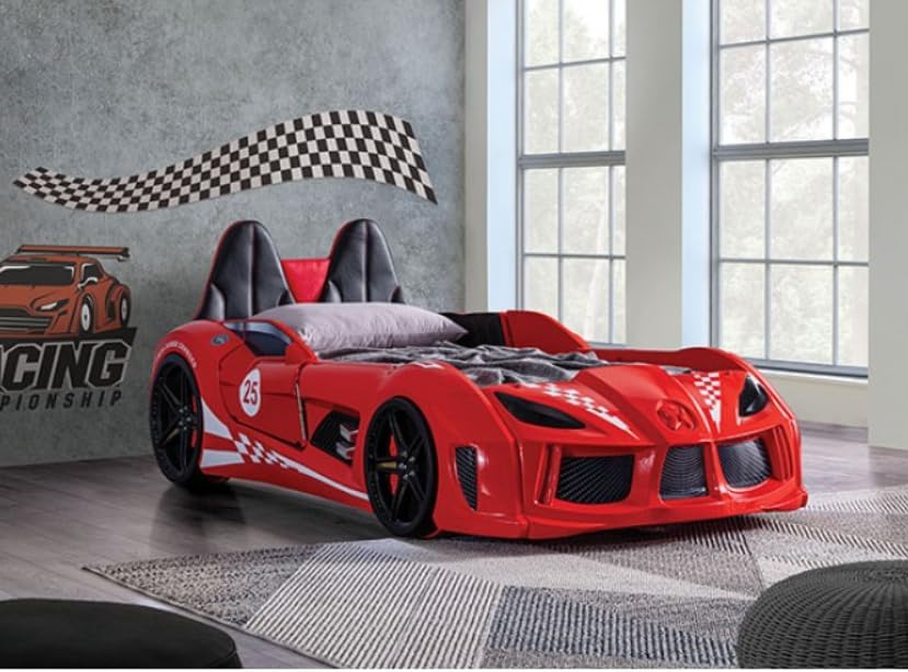 MASARA Race Car Twin Size Bed Frame for Boys with LED Lights, Music Player & Magnetic Doors | Kids Bedroom Furniture, Red
