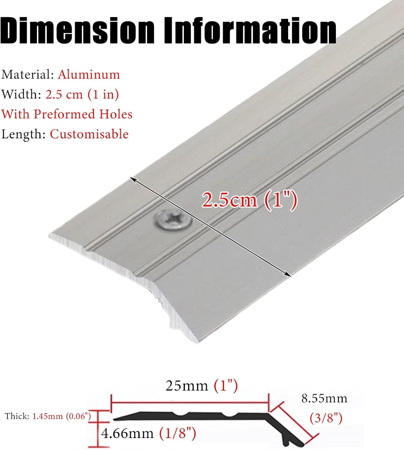 1 Inch Wide Aluminum Floor Threshold Strip - Non-Slip Carpet & Floor Transition Edging Trim(Silver,135cm)