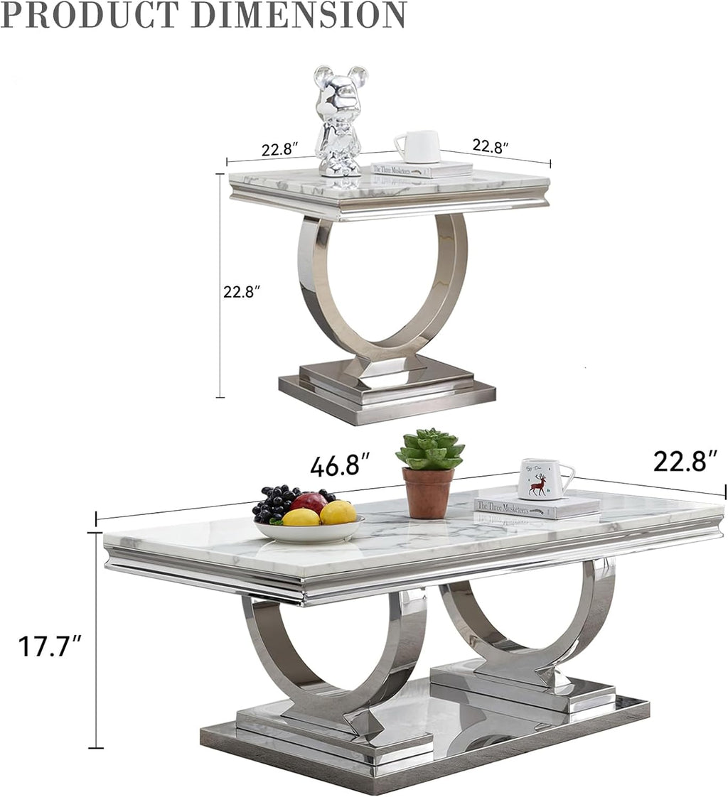 3 Pieces Coffee Table Set, Faux Marble Living Room Table Set of 3, Modern Coffee Table and 2 End Tables with O-Shaped Stainless Steel Base for Living Room Office (White Silver)