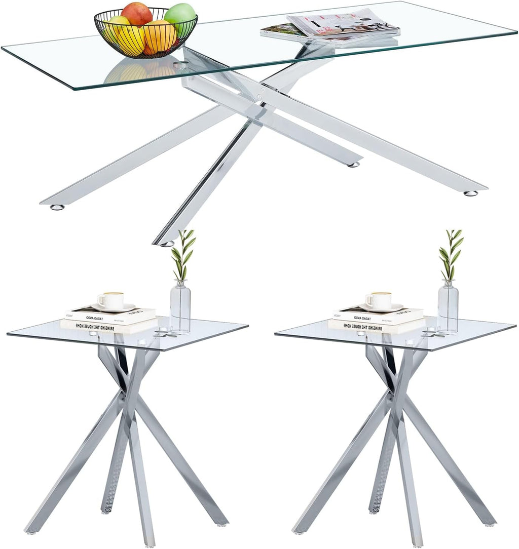 Glass 3 Piece Living Room Table Set,Glass Coffee Table and End Table Sets,Accent Table Sofa Table Sets with X-Designed Metal Legs and Tempered Glass Tabletop for Living Room Furniture (3, Silver)