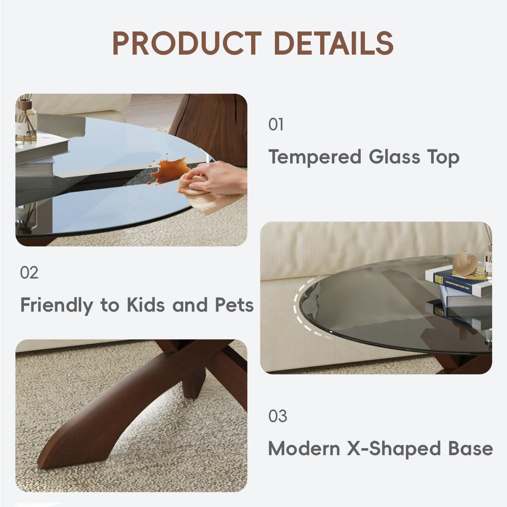 Honyee Glass Coffee Table, 30.7' Round Coffee Table with Tempered Glass Top, Walnut Wood X-Shaped Base, Stable Modern Center Table for Living Room, Apartment and Small Spaces