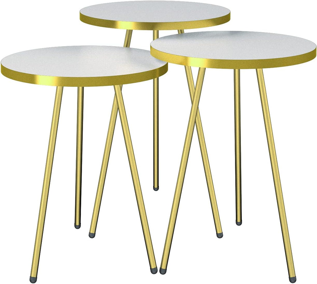 Set of 3 Nesting END Tables - Round Stacking Coffee Side Tables for Small Spaces, Nightstand Bedside Table for Living Room, Bedroom, Living Room, Balcony, NO-Tools Assembly (White/Gold)