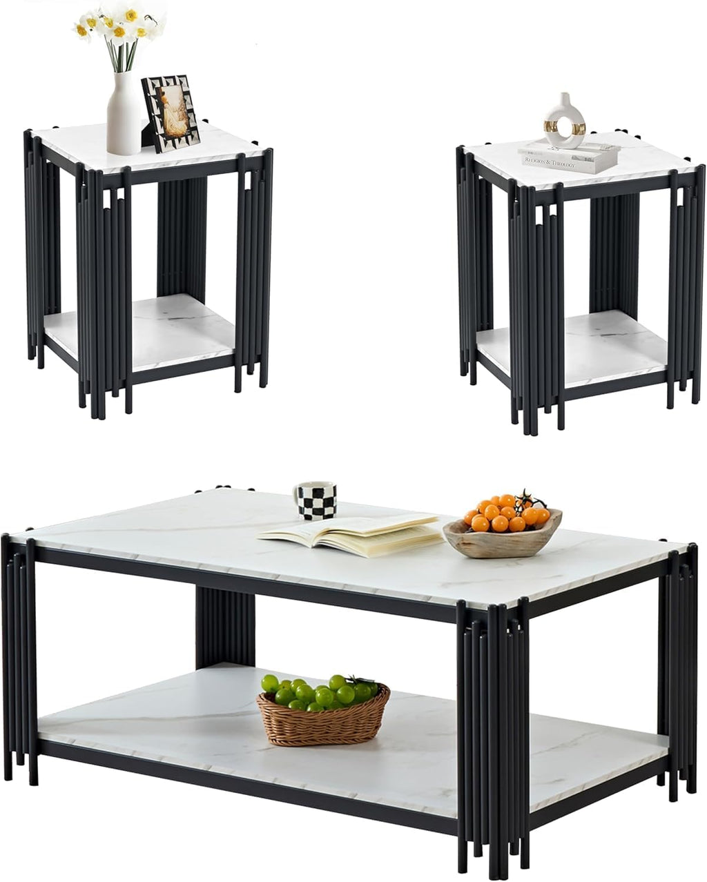 3 Piece Living Room Table Set, White Fuax Marble Coffee Table and 2 End Table Set w/Black Metal Frame, Modern 2-Tier Coffee Table Set with Storage Shelf for Apartment Home Office