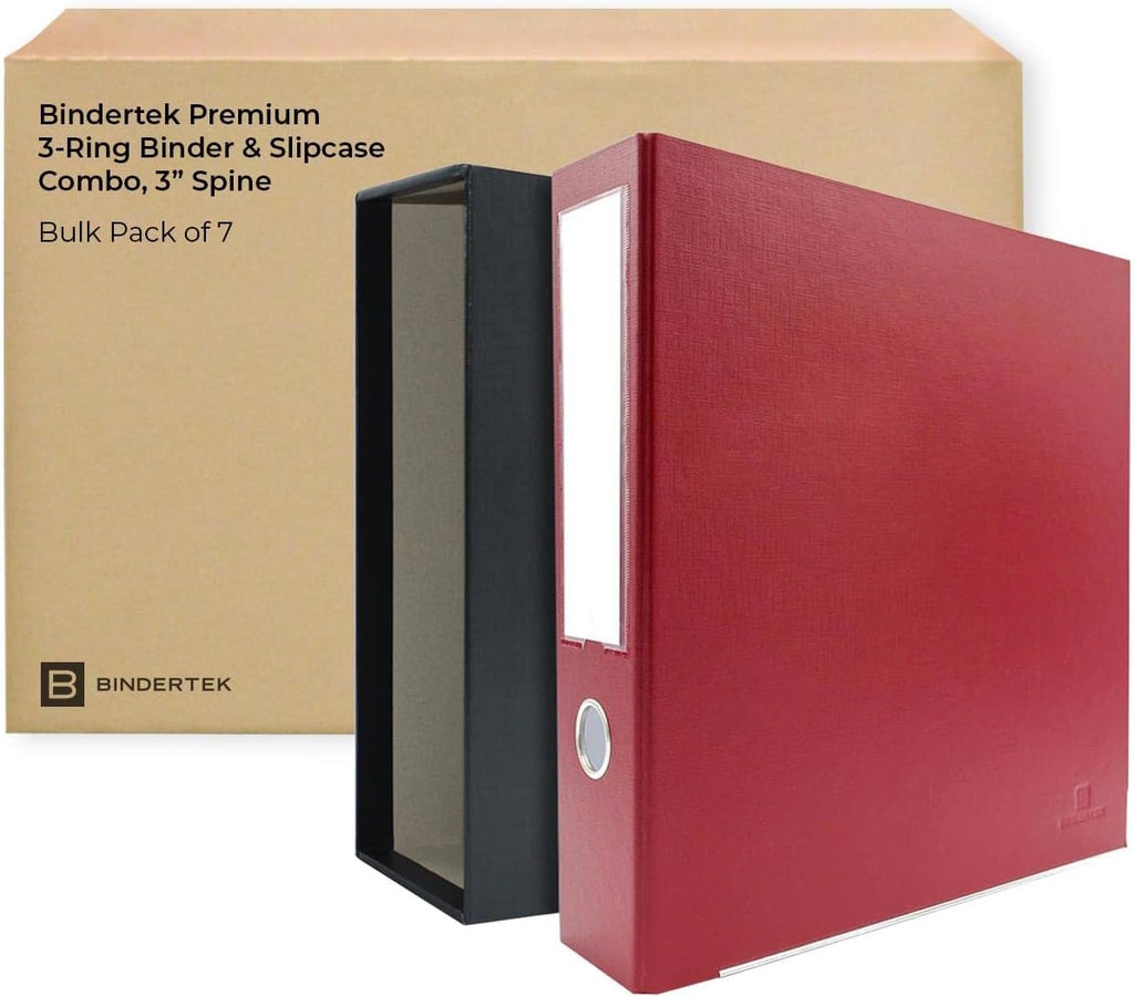 3-Ring Premium Binder & Slip Case Combo, Pack of 7 - Brick Red, 3' Spine Width, 525 Sheet Capacity, 2' D-Rings, Linen-Textured Covers, Steel Reinforced Edges by Bindertek