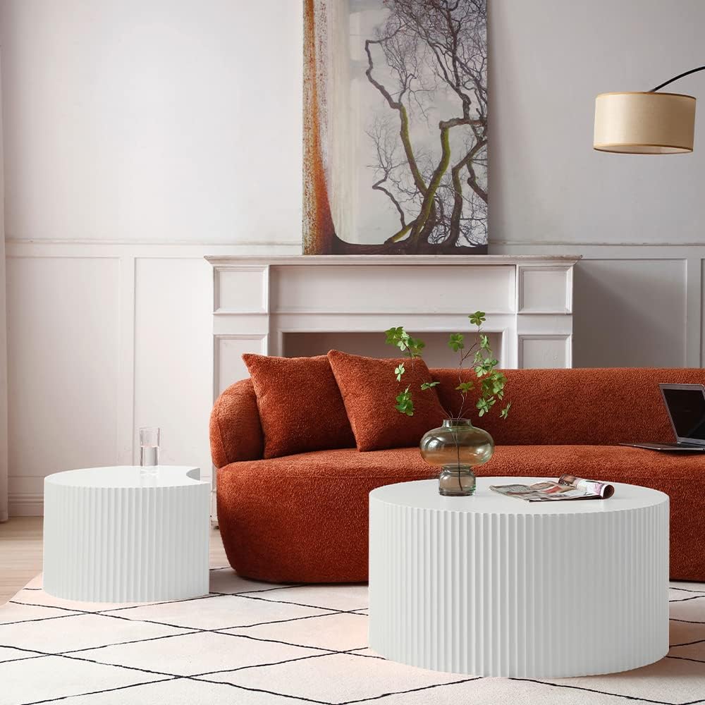 Nesting Coffee Table Set of 2, Modern Round Coffee Table End Table Set for Living Room, Wood Circle Drum Side Table,White