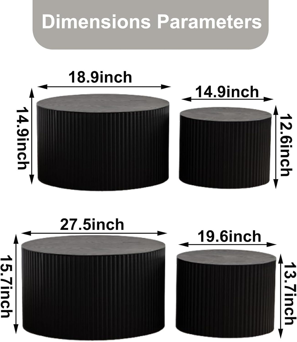 Nesting Coffee Table Set of 2 Wood Circle Drum Coffee Tables Set Contemporary Fluted Coffee Table Round Wooden Coffee Tables for Living Room & Small Space (Black, 27.5 +19.6in)