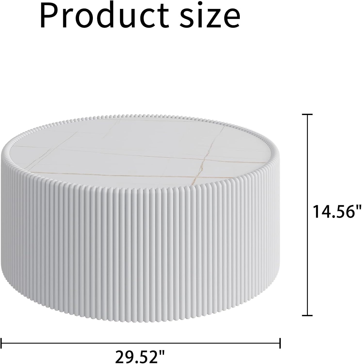 29.5 Inch Gold Pattern Sintered Stone Top & PU Leather Base Cylinder Coffee Table, Modern Drum Shape Side Table, No Assembly White