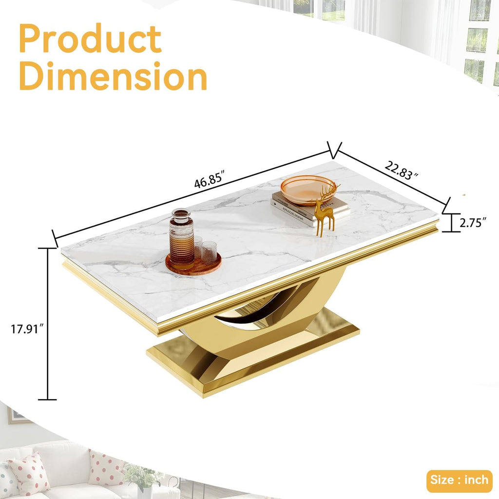 Modern Marble Coffee Table, 47' Rectangular White Coffee Tables with Gold Stainless Steel U-Shaped Base, Faux Marble Center Table Cocktail Tea Tables for Living Room Office Apartment