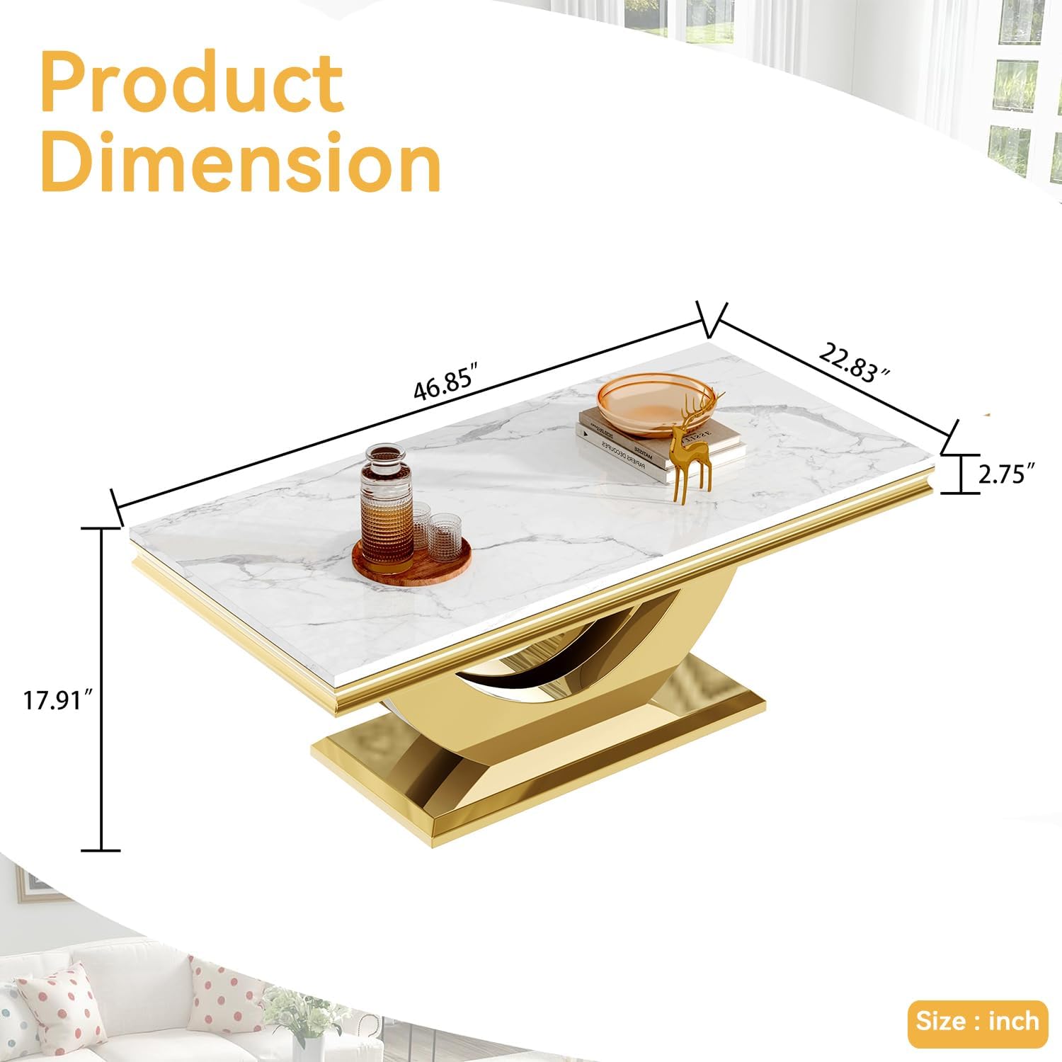 Modern Marble Coffee Table, 47' Rectangular White Coffee Tables with Gold Stainless Steel U-Shaped Base, Faux Marble Center Table Cocktail Tea Tables for Living Room Office Apartment