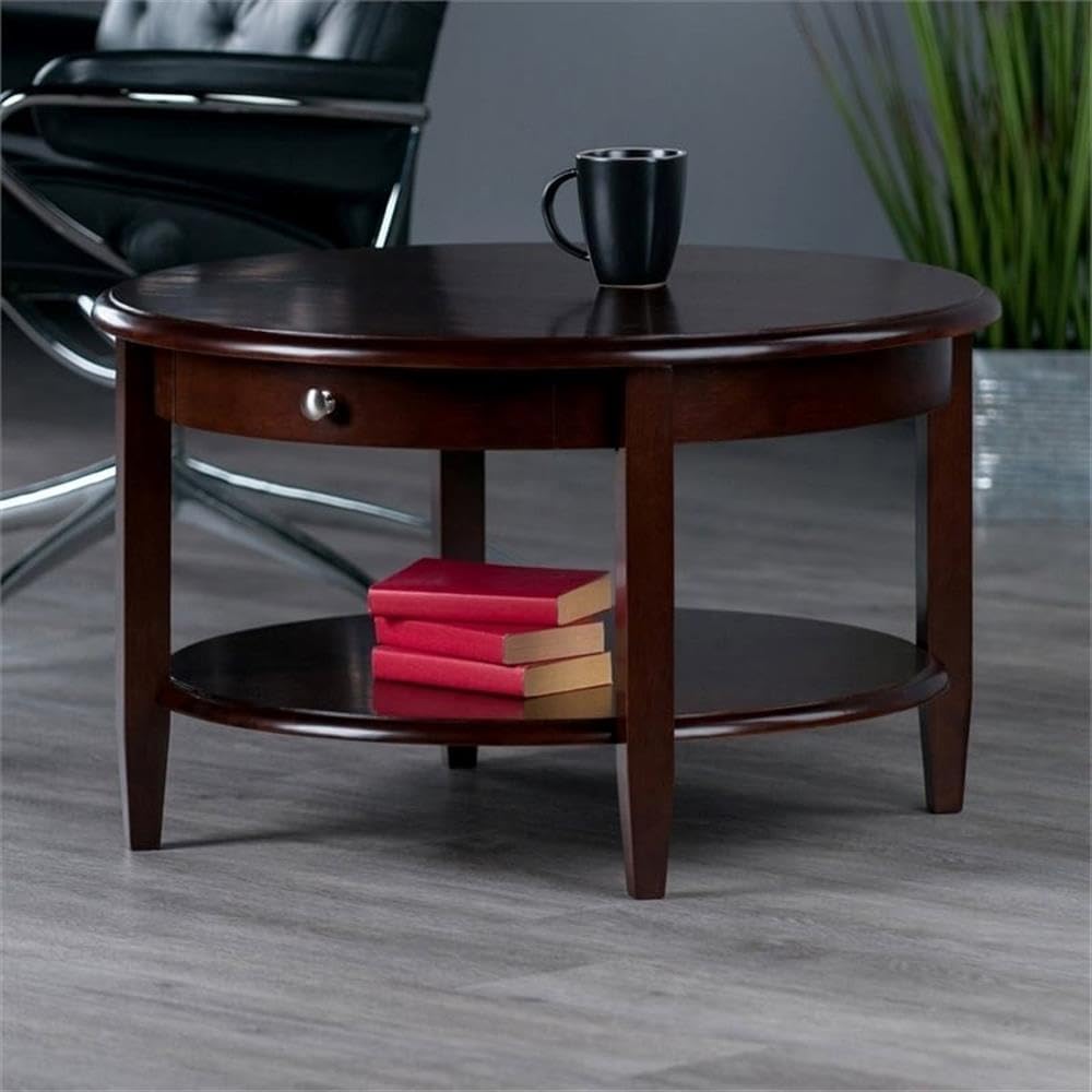 Pemberly Row Round Transitional Solid Wood Coffee Table, Antique Walnut Finish, 18 in x 30 in, Open Lower Shelf, Drawer Storage, Tapered Legs, Classic Style for Living Room or Home Decor