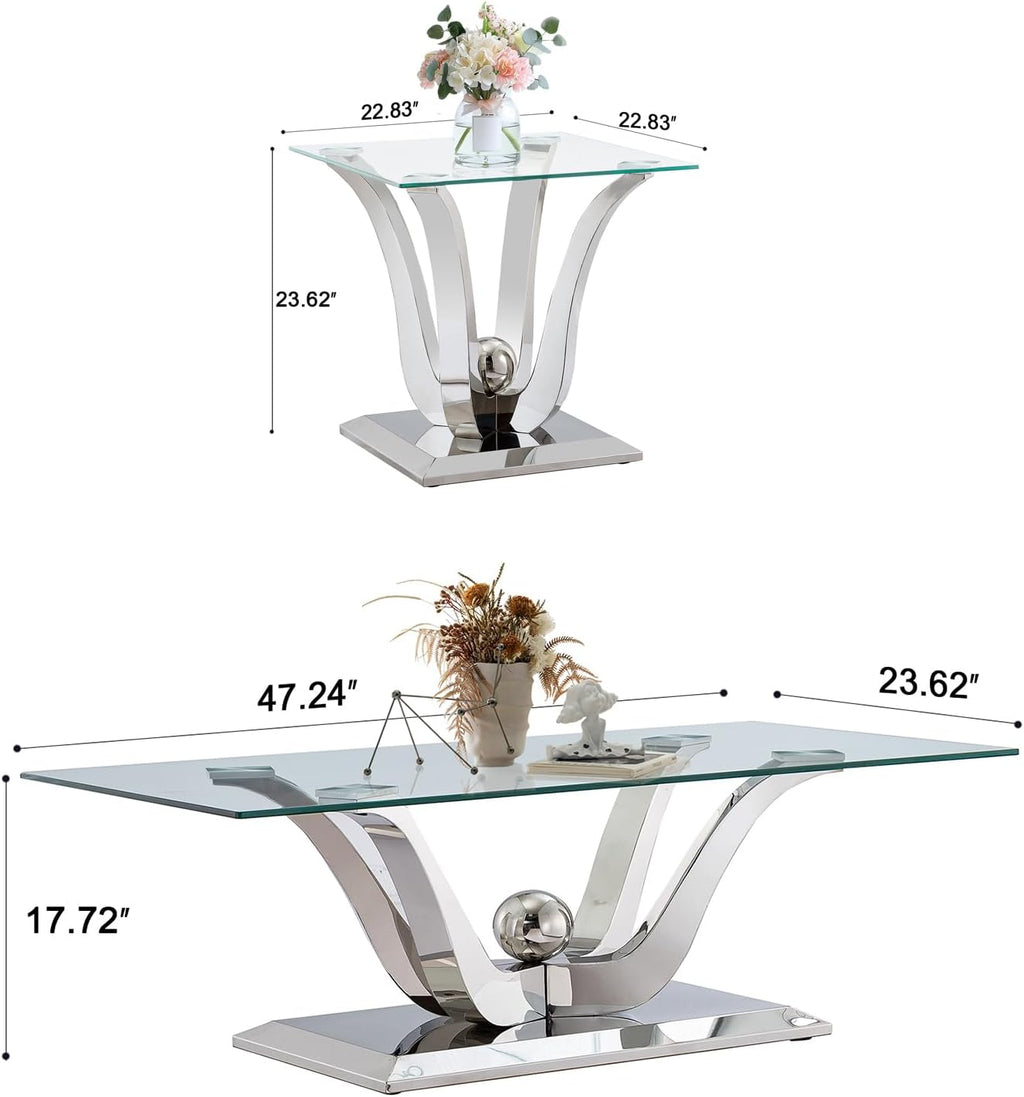 Glass Coffee Table Set of 3, Silver Coffee Table with 2 Square End Side Tables, Modern 3 Piece Living Room Table Set with Gorgeous Stainless Steel Frame for Apartment Home Office,Easy Assembly