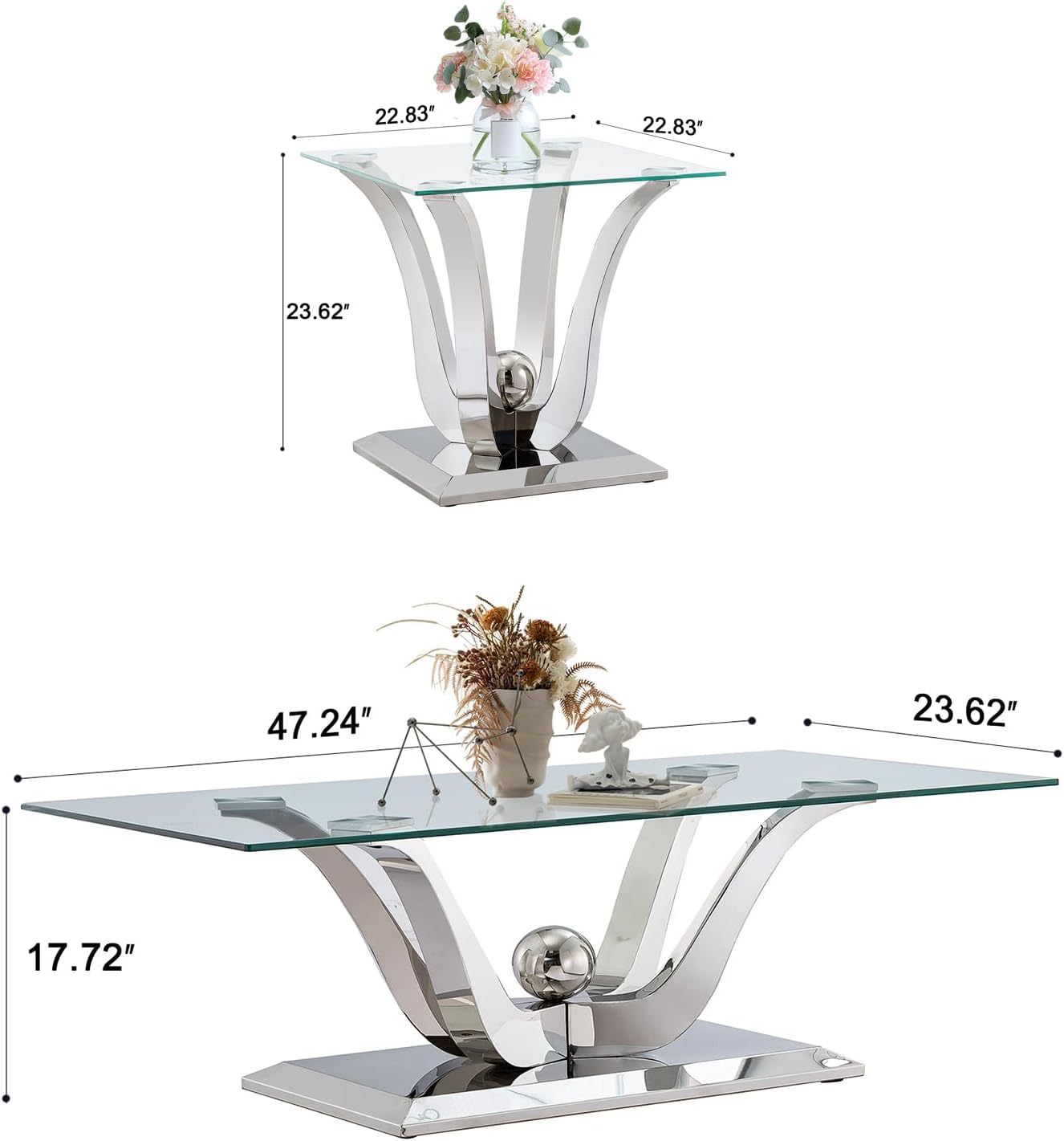 Glass Coffee Table Set of 3, Silver Coffee Table with 2 Square End Side Tables, Modern 3 Piece Living Room Table Set with Gorgeous Stainless Steel Frame for Apartment Home Office,Easy Assembly