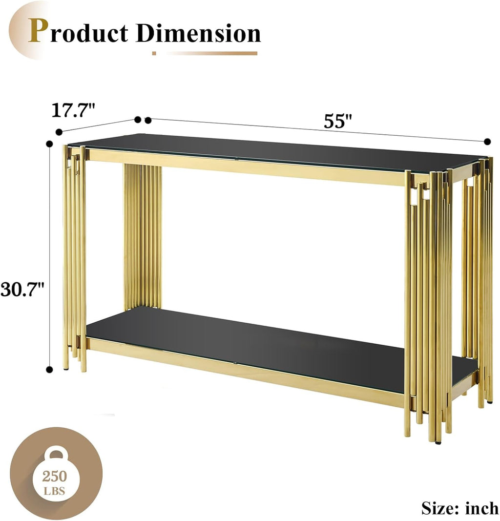 Modern Black Glass Console Table, Luxury 55' Rectangular Sofa Table with Gold Stainless Steel Frame, 2-Tier Console Entryway Table with Storage for Living Room Entrance Hallway