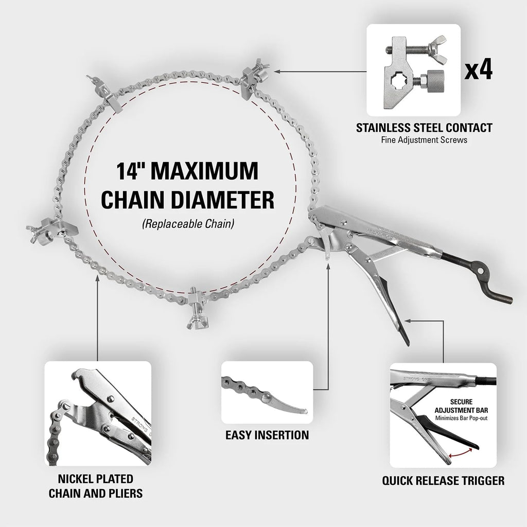 Strong Hand Tools, The Python, Pipe Alignment Chain Pliers, Adjustable Stainless-Steel Contacts, Replaceable Nickel Plated 48' Chain, 14' Max Diameter, PCA2048
